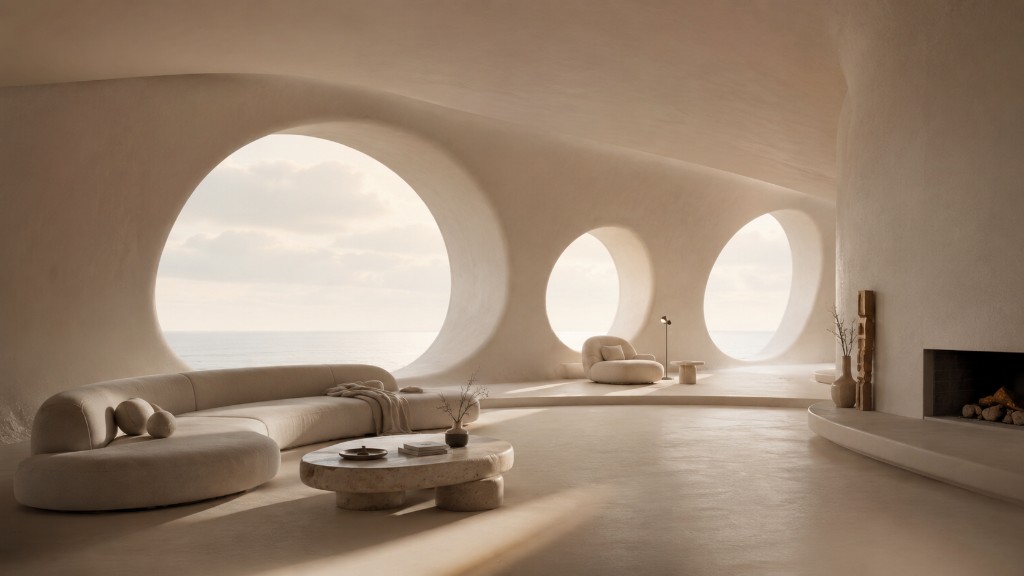 Biomorphic interior with curved plaster walls, circular sea-view portals, and organic stone furniture
