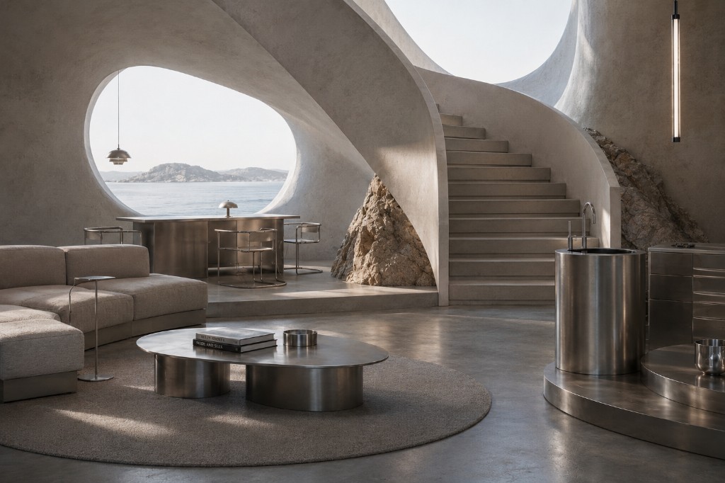 Technical interior with concrete architecture, brushed metal furniture, spiral staircase, and oval ocean view