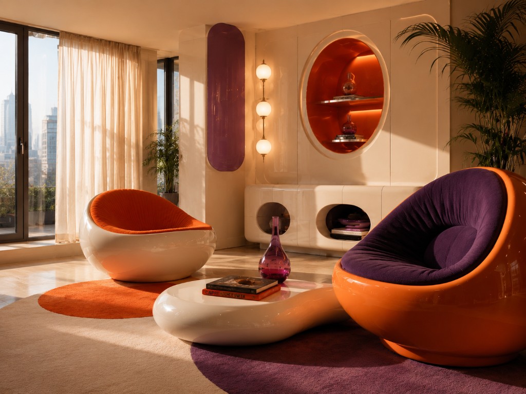 Utopian Pop interior with orange and purple spherical chairs, glossy white furniture, and circular wall details
