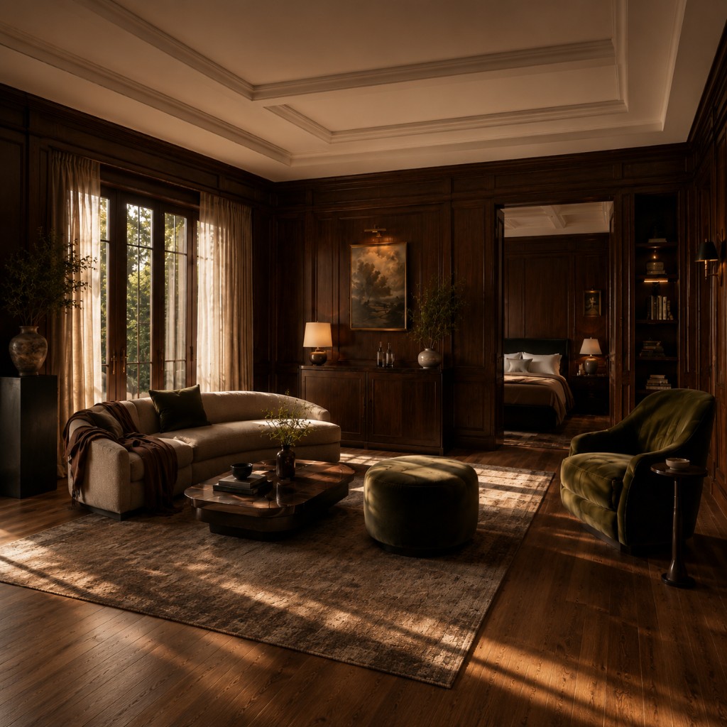 Editorial interior with dark wood paneling, olive velvet seating, and warm natural light