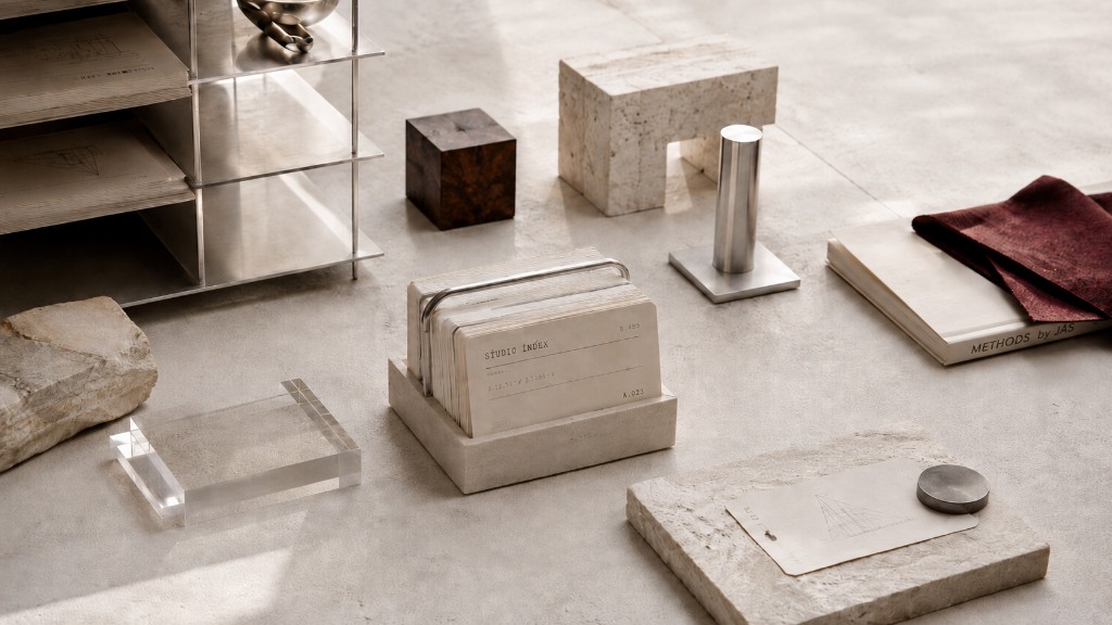 Archive index cards, material samples, and architectural studies arranged on a concrete surface